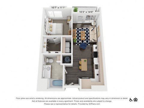 Floor plan for 1 bed, 1 bath, 658 sqft